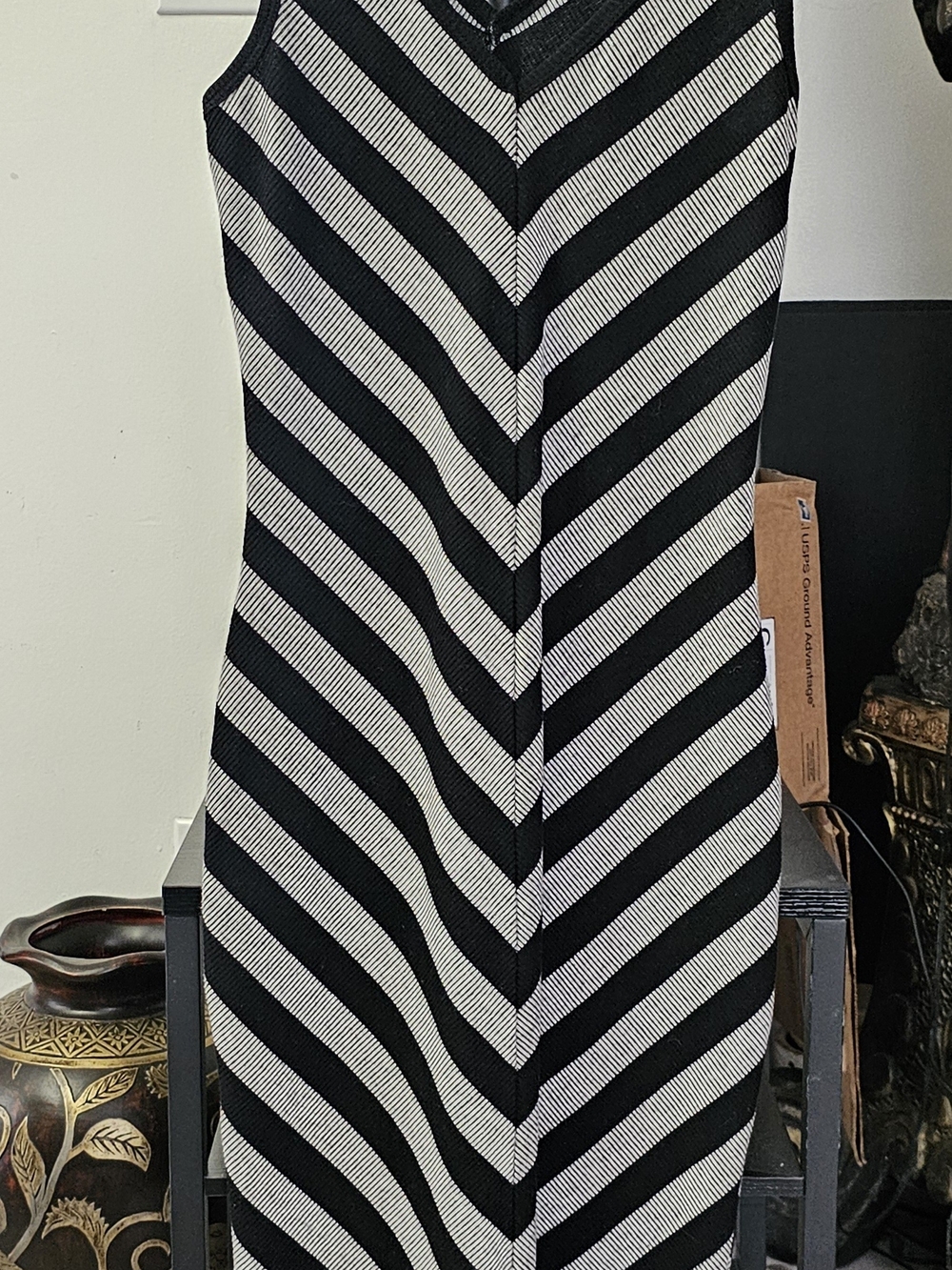 Mossino Black & Gray Striped Midi Dress